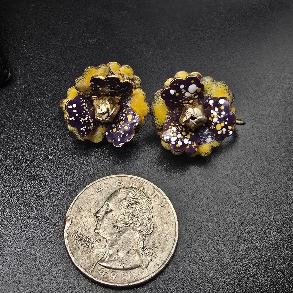 Purple Yellow Speckled Enamel Flower Earrings Clip On Vintage